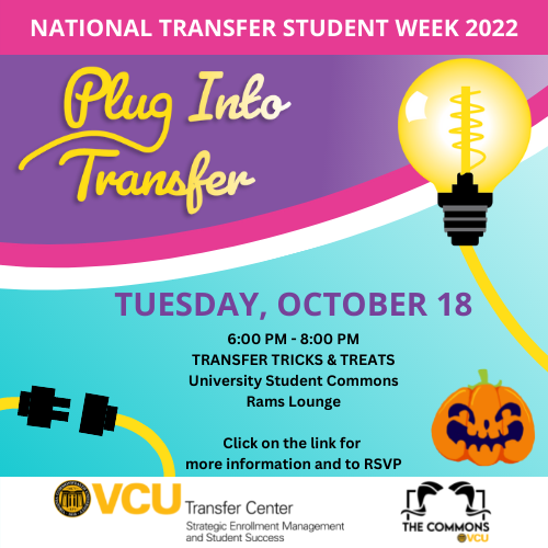 VCUTransfer's tweet photo. Join Us on Tuesday for National Transfer Student Week Resume Workshop with VCU Career Services and Transfer Tricks & Treats with VCU Commons. Click on the link for more information and to RSVP. https://t.co/rh6iRv38jx
#TransferStudentWeek #vcutransferstudents #vcutransfer https://t.co/YEp5BdoPuU