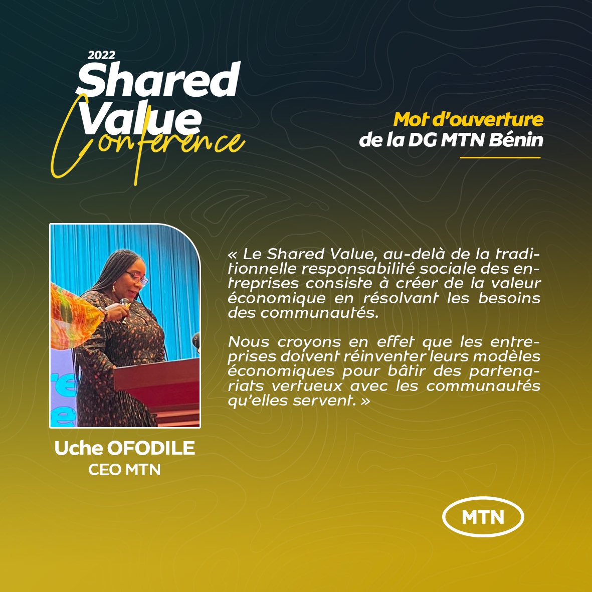 Mot d’ouverture de <a href="/ucheofodile/">Uche Ofodile</a> , 
DG <a href="/MTNBenin/">MTN Benin</a> à l’occasion de la première édition du Shared Value Conference au Bénin.

-
#sharedvalue