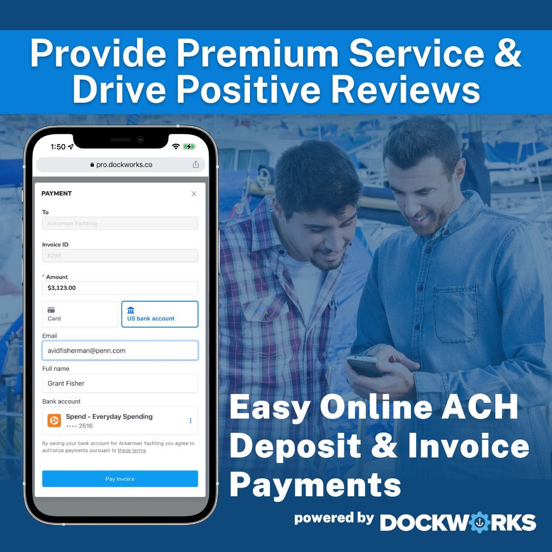 dockworkspro's tweet photo. Premium service brings premium rewards. Give your clients detailed estimates &amp; invoices with integrated ACH payments and let them do your advertising for you.  Book a demo today, visit https://t.co/X2nupcliMj #dockworks #marineservices #marinetrades #marineprofessionals https://t.co/weG5pv3OMt