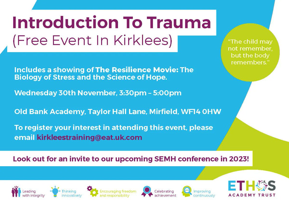 Understanding Social, Emotional and Mental Health helps us support young people.

Hear about the effects of trauma at our free event in Kirklees.

📆 30 November, 3.30-5pm
📍 Old Bank Academy, Taylor Hall Lane, Mirfield, WF14 0HW
📥 kirkleestraining@eat.uk.com