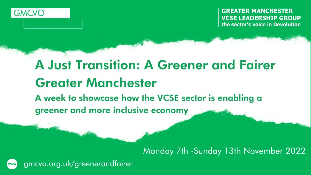 .@GMCVO and @VCSELeadersGM are hosting a week of action to showcase how #GMVCSE is helping to create a greener and more inclusive economy. Find out more and view the programme: buff.ly/3CvQbCl #AJustTransitionGM