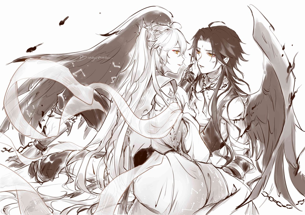 (au) Sun deity aether found an injured birb alatus, tends him in secret &amp; decided that's his first love #XiaoAether #魈空 #doodle