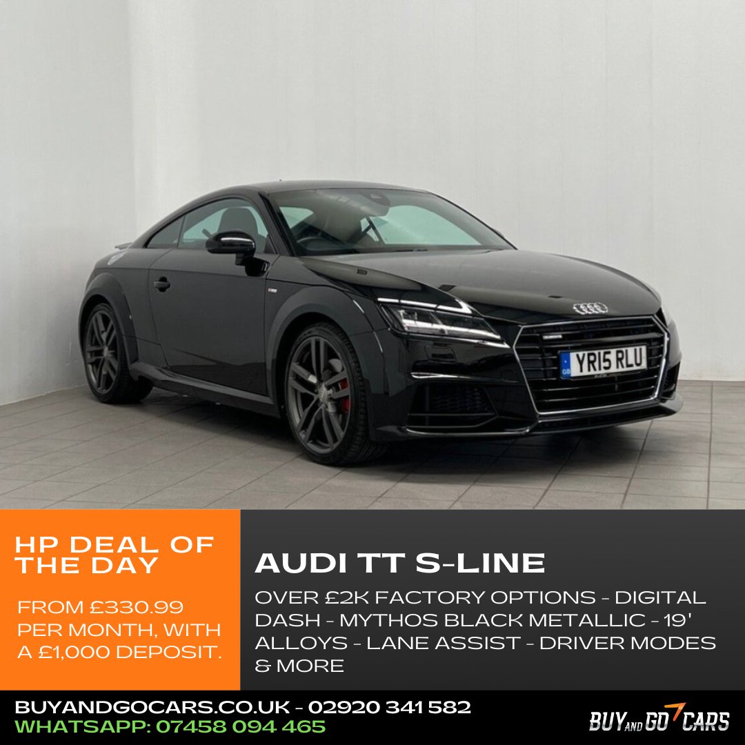 BuyAndGoCars's tweet photo. ‼️ HP DEAL OF THE DAY - from £330.99, with a £1,000 Deposit* ‼️

Our Audi TT benefits from great specification and over £2,000 worth of Factory Extras including;

✅ Mythos Black Metallic Paint -  19" Alloy Wheels. - Technology Pack &amp; more!

View Advert: https://t.co/2s5SUN5maI https://t.co/Xp57phuCCc
