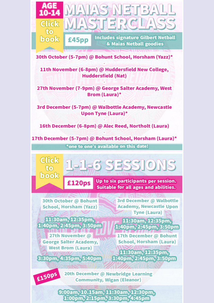 Our masterclasses are back bigger and better than before. They're selling fast so swipe to see our venues then book you place via our website.

maiasnetball.com (link in bio)

Mainetballers book via "lives" section on your membership page for discount.

#netball