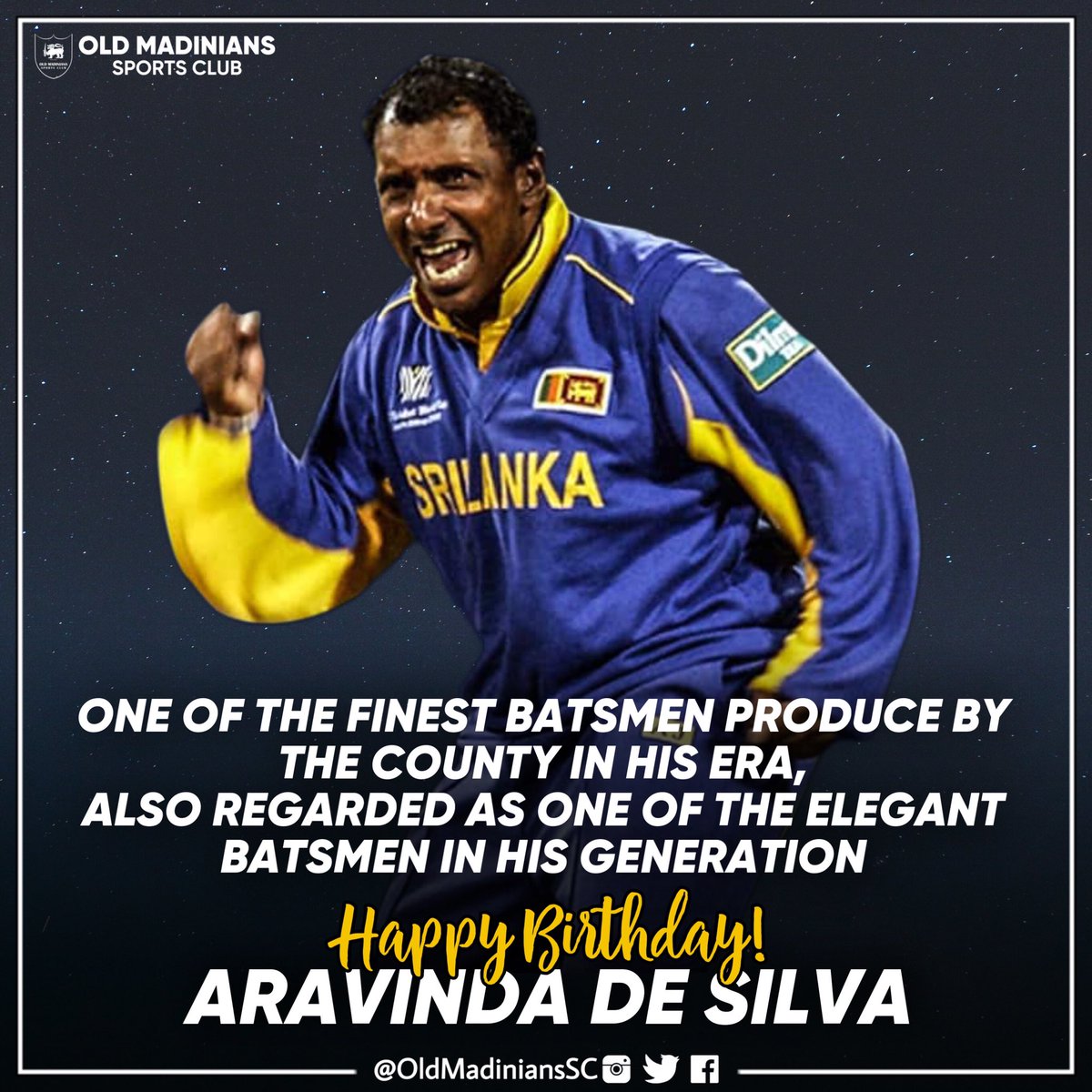 OldMadiniansSC's tweet photo. Happy Birthday Aravinda de Silva, arguably Sri Lanka's Greatest Batsman.

93 Tests, 6361 Runs, 20 Hundreds
308 ODIs, 9284 Runs, 11 Hundreds

World Cup Winner 1996
Wisden Cricketer of the Year 1996

Man of the Match in World Cup Semi Final and Final, 1996. https://t.co/B1BpSs98cr