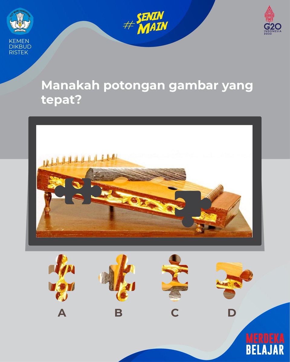 Kemdikdasmen's tweet photo. Saatnya #SeninMain! #SahabatDikbud, yuk, coba tebak mana sajakah potongan yang tepat untuk melengkapi gambar alat musik berikut! Apakah kamu tahu nama alat musiknya?
#MerdekaBelajar https://t.co/JMvYtHPOhd