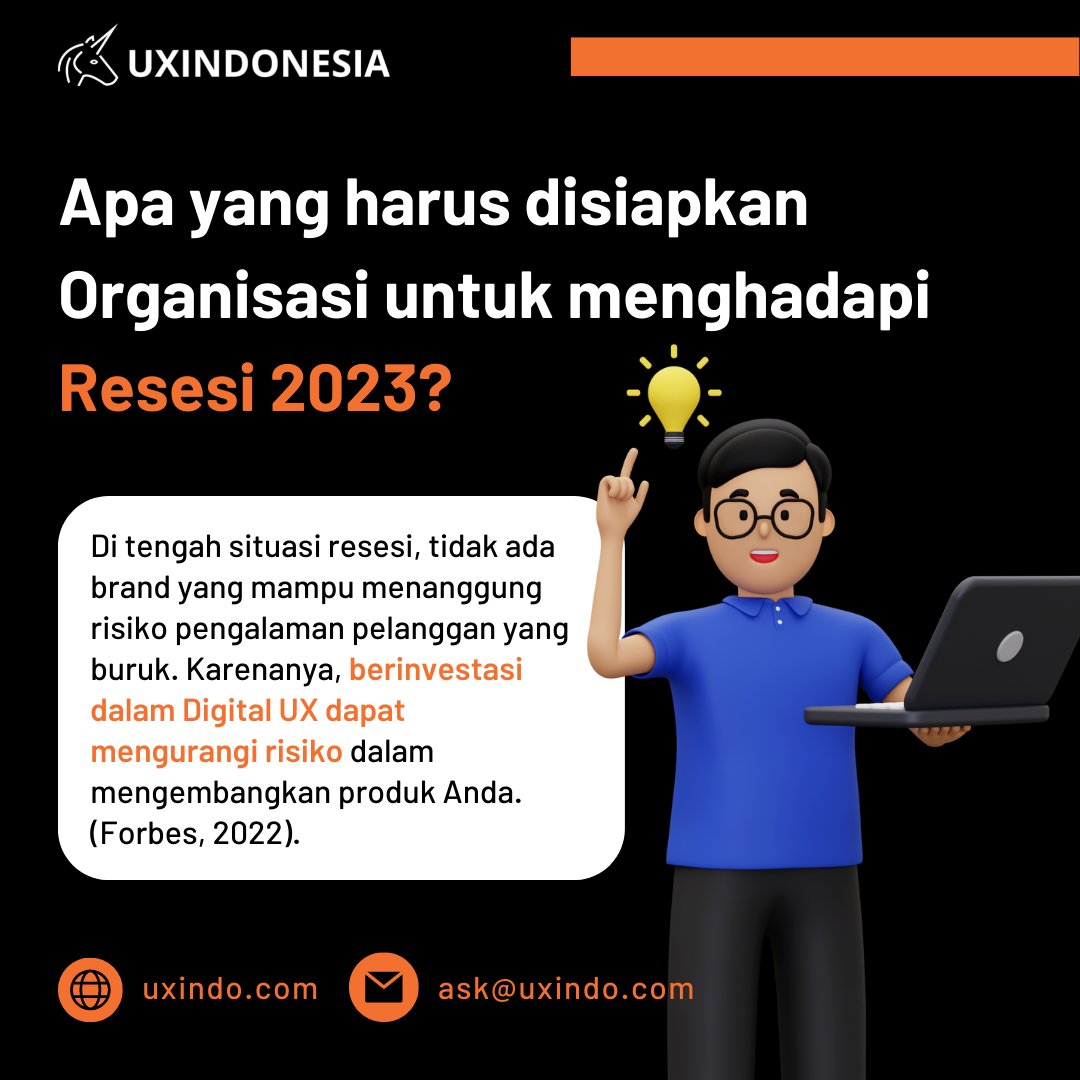Resesi Global diprediksi akan terjadi di 2023. Banyak perusahaan menyiapkan antisipasi dengan memperkuat Digital UX. Bagaimana dengan perusahaan Anda?
Kunjungi uxindo.com untuk layanan UX yang dapat membantu Anda menghadapi tantangan resesi.
#uxindo #cxinsight