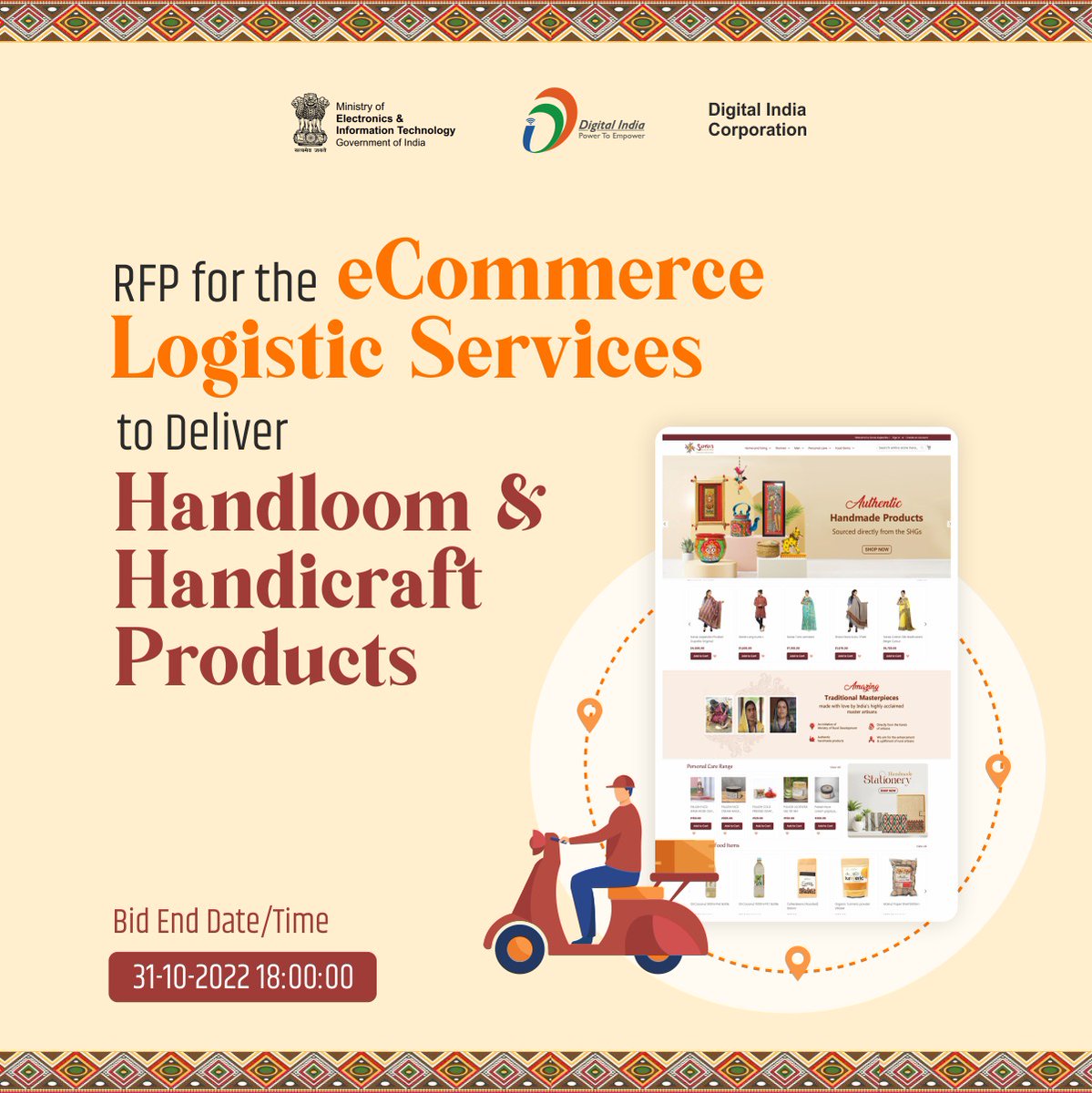 DigitalIndiaCrp's tweet photo. #Breaking
#TenderOpening | RFP for the #eCommerce Logistic Services to Deliver #Handloom and #Handicraft Products.
Bid End Date/Time: 31-10-2022 /18:00:00
For further details, click here: https://t.co/5ky2ky9JEB https://t.co/rVigsnasTL