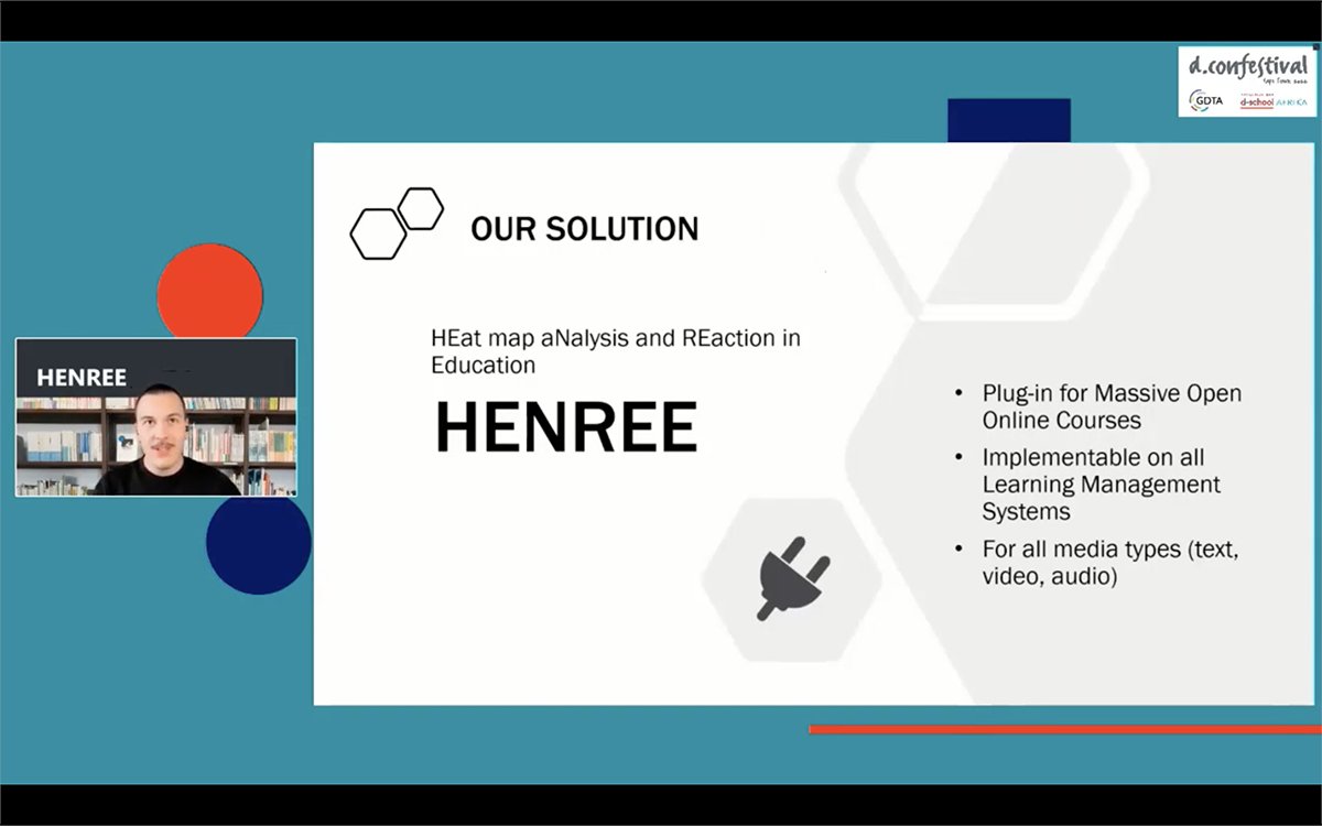 HPI_DSchool's tweet photo. 💡Today, we start with the winning team of the category "Most Innovative Global Solution": Team HENREE from the HPI D-School Potsdam!
HENREE collects feedback from students during their asynchronous learning to aggregate it into a heat map. (3/6) #gdtc https://t.co/vsH5oXbr1f