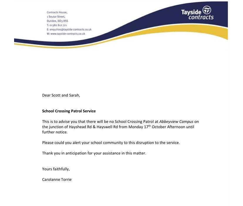 Email sent to <a href="/HaysheadPS/">Hayshead PS</a> parents/carers today from Tayside Contracts