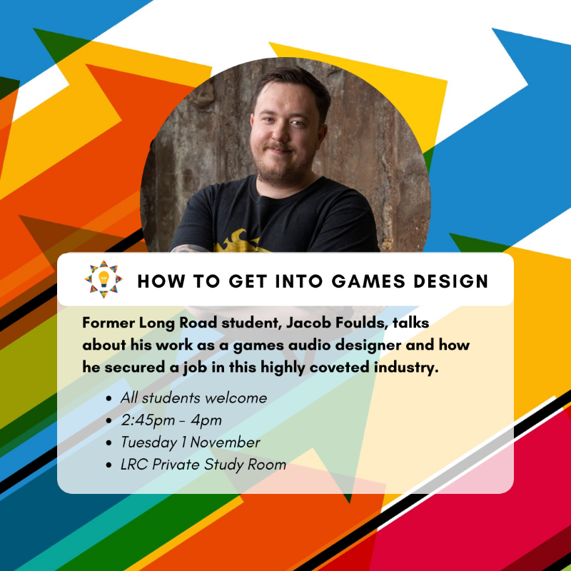 LR6FC's tweet photo. Former student Jacob will be coming back to college to give us expert insight into how you can get into game design!
πΎ 2:45pm
πΎ Tuesday 1 November
πΎ LRC Private Study Room
#BeLongRoad #LongRoadLife #GamesIndustry #GamingCareer #GamesDesign #LongRoadAlumni #FutureFirst https://t.co/FLpG3ZQdRf
