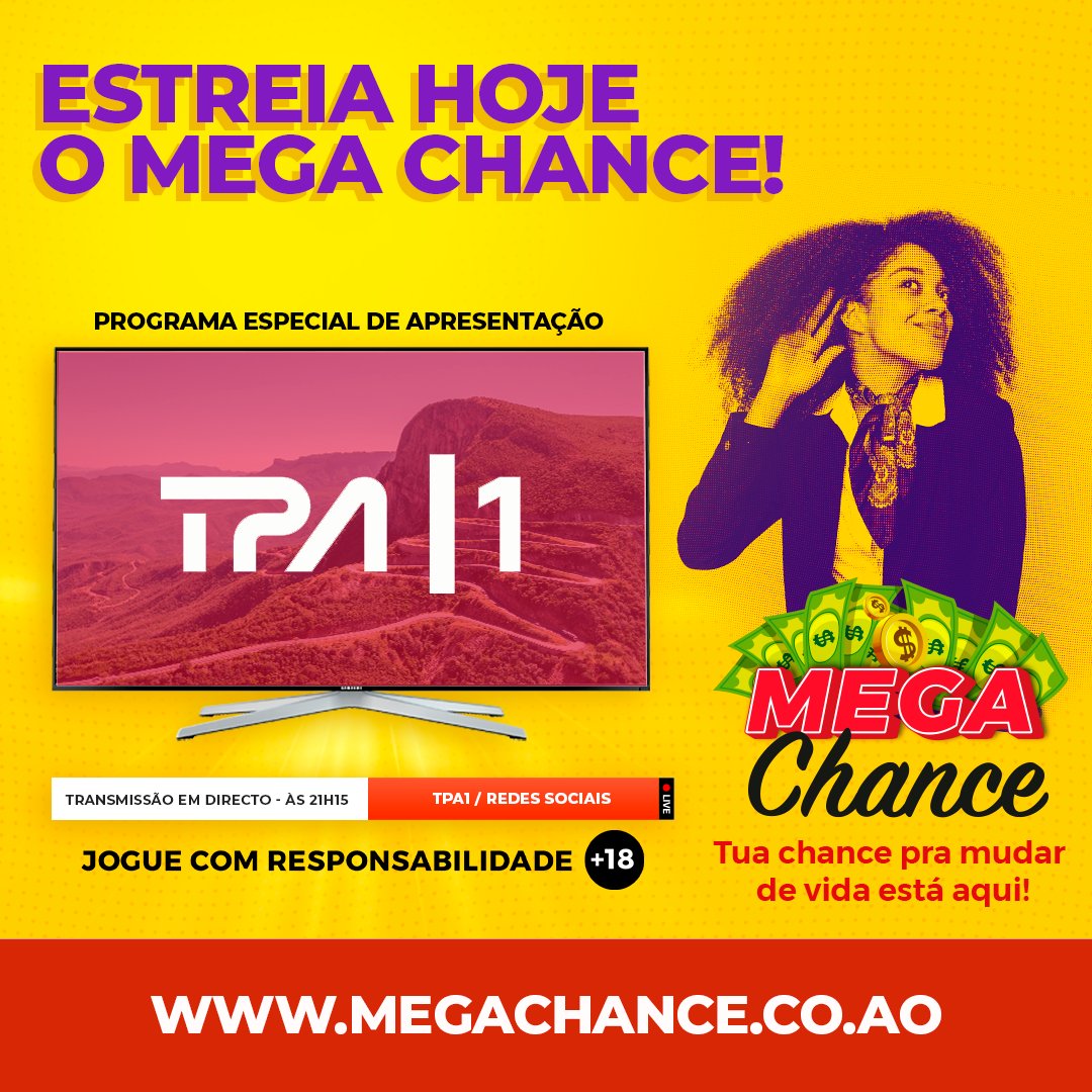 megachanceangol's tweet photo. Estreia hoje o MEGACHANCE!💛😍
podes acompanhar hoje, a apresentação especial do programa pela televisão publica de Angola ou pelas nossas redes socias. A tua chance para mudar vida esta aqui! #megachance #luanda #Angola #TPA1🤑🤑🤑 https://t.co/vzAr6DLwfF