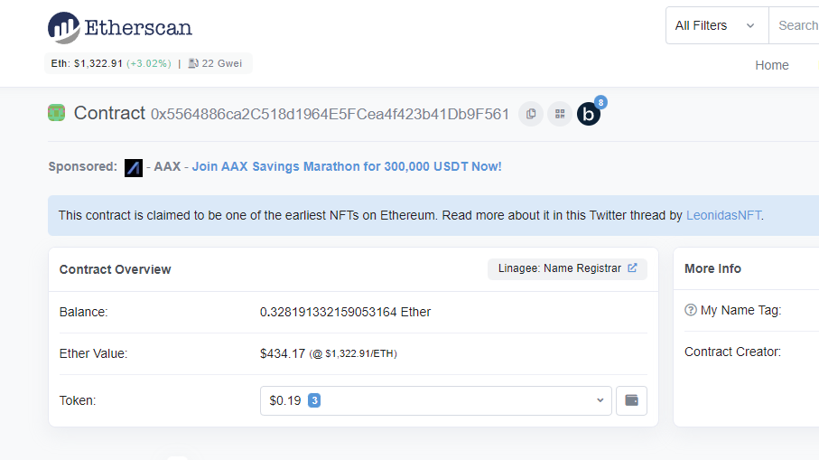 fl0wjoe's tweet photo. Rediscovery FIRST functioning NFT contract on Ethereum🧵

It is the year 2015, 8th of August, just 9 days after the launch of the most popular blockchain to date; Ethereum.

On this date an unknown developer by the name of Linagee deployed the contract.. a name registrar✍️.

1/10 https://t.co/O7oDpAipDo