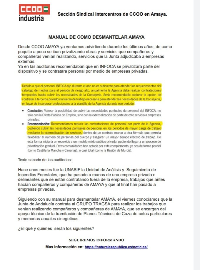 CCOOAMAYA's tweet photo. Pasito a pasito, desmontando o abandonando líneas de actividad en beneficio se contratos privados #LoPublicoSeDefiende @ccooand_FI @CCOOFSCAndAuton @asiccoose @CordobaCcoo https://t.co/dlNk2Xo1vD