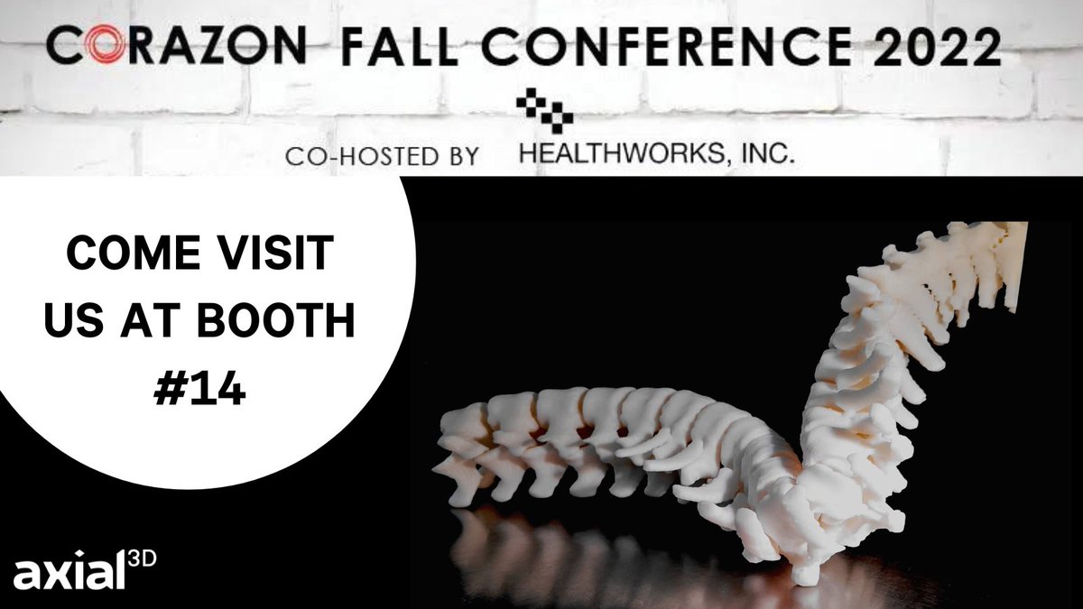 Axial_3D's tweet image. We&apos;re at Corazon Fall Conference 2022! Come see us at booth 14 to learn more about how our #PatientSpecificSolutions transform the future of surgery.
Schedule a meeting with us here: bit.ly/3SBEGzW
#3Dprinting #Health #CorazonFallConference