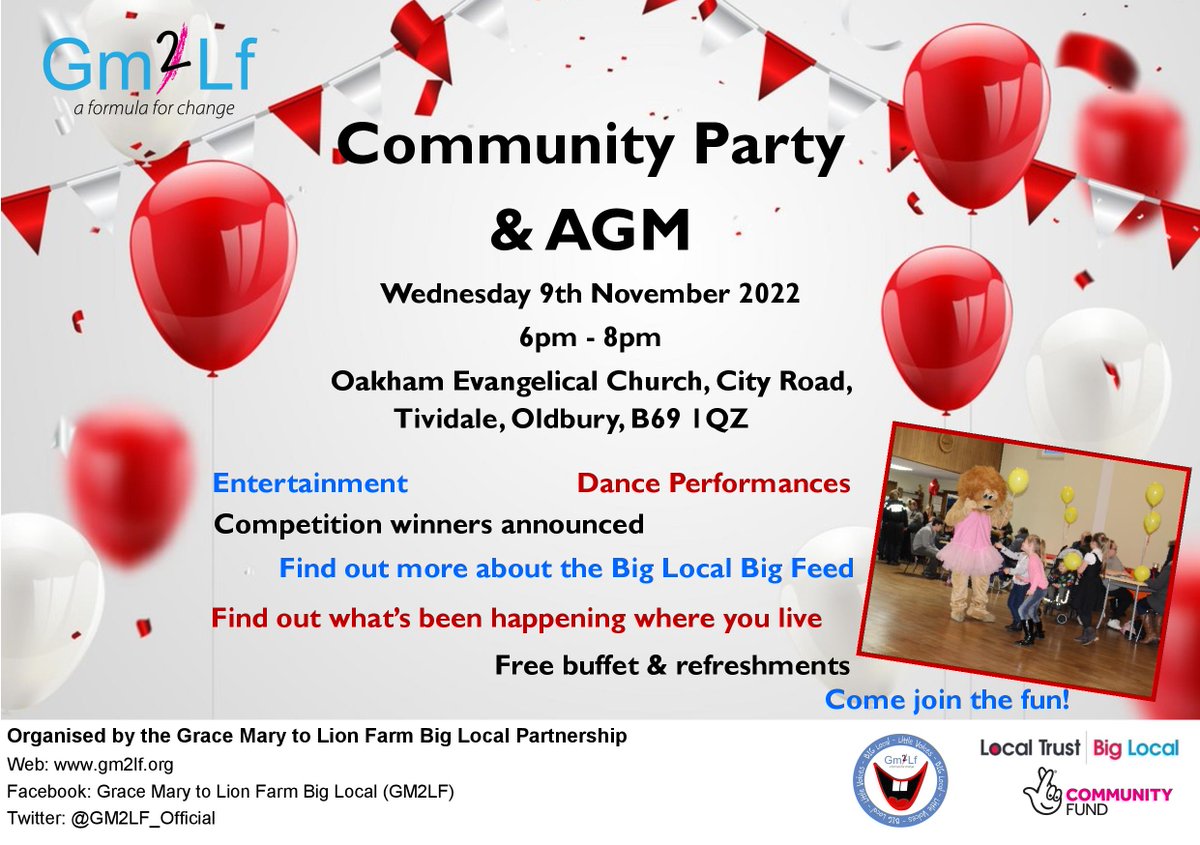 Come join the fun at our Community Party &amp; AGM on Wednesday 9th November, 6pm - 8pm at Oakham Church <a href="/SCVOSandwell/">SCVO</a> <a href="/TracysMemories/">Tracy Lowe</a> <a href="/Chrissale01/">Chris Sale</a> <a href="/frmennis/">Martin Ennis</a> <a href="/BLLV_GM2LF/">Big Local Little Voices GM2LF</a> <a href="/steparkes81/">steparkes81</a> <a href="/oakhamchurch/">Oakham Church</a> <a href="/docpeteh/">peter hayward</a> <a href="/LocalTrust/">Local Trust</a> <a href="/TNLComFund/">The National Lottery Community Fund</a> <a href="/sandwellcouncil/">Sandwell Council</a>   #communityparty #oldbury #rowley