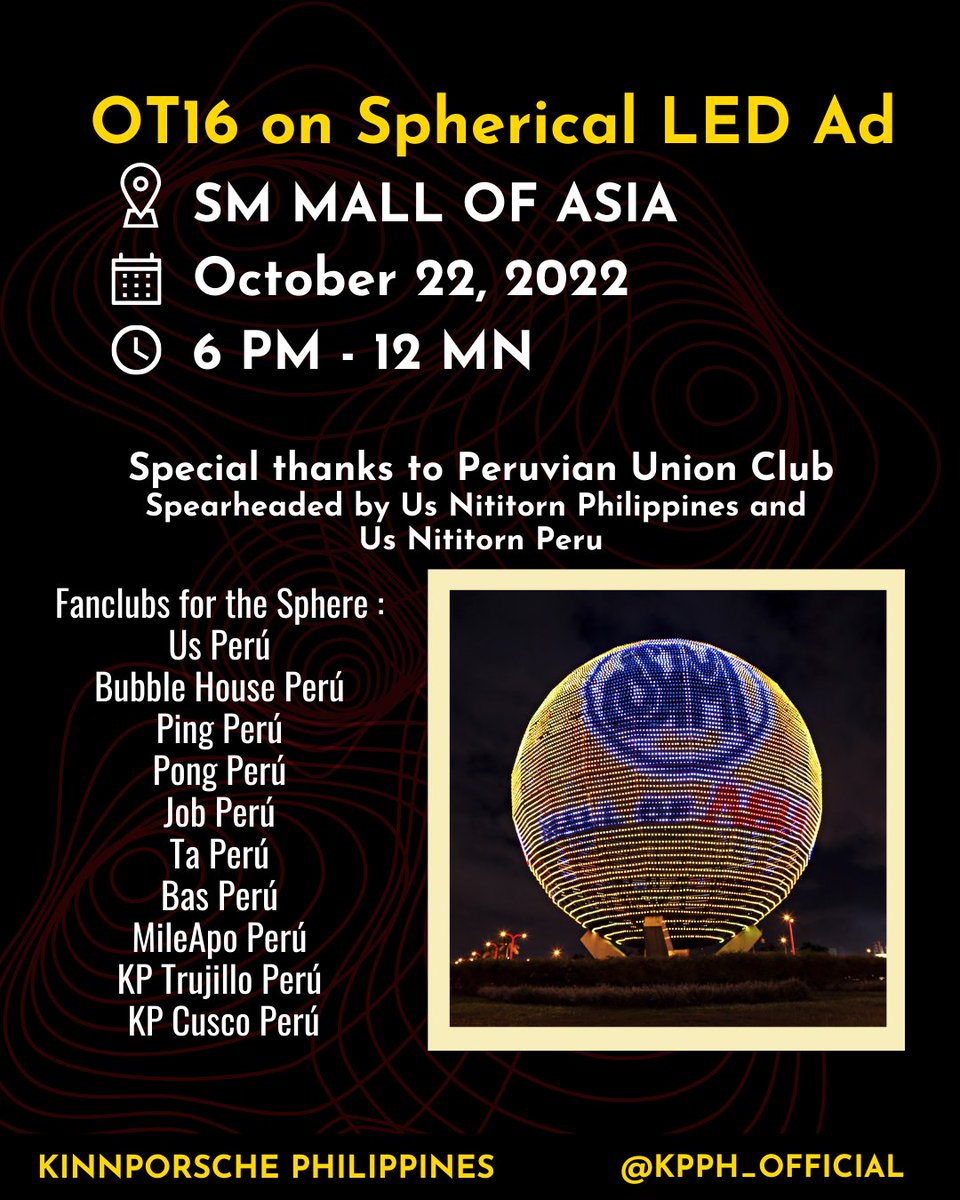 BeOnCloud_PH's tweet photo. SPHERICAL LED AD at SM Mall of Asia

Watch out for our OT16 Globe Ad sponsored by the KinnPorsche Peruvian Union Club on October 22, starting at 6 PM until 12 MN.

#KPWorldTourManila
#KinnPorscheWorldTourManila https://t.co/gk1KkfIeqT