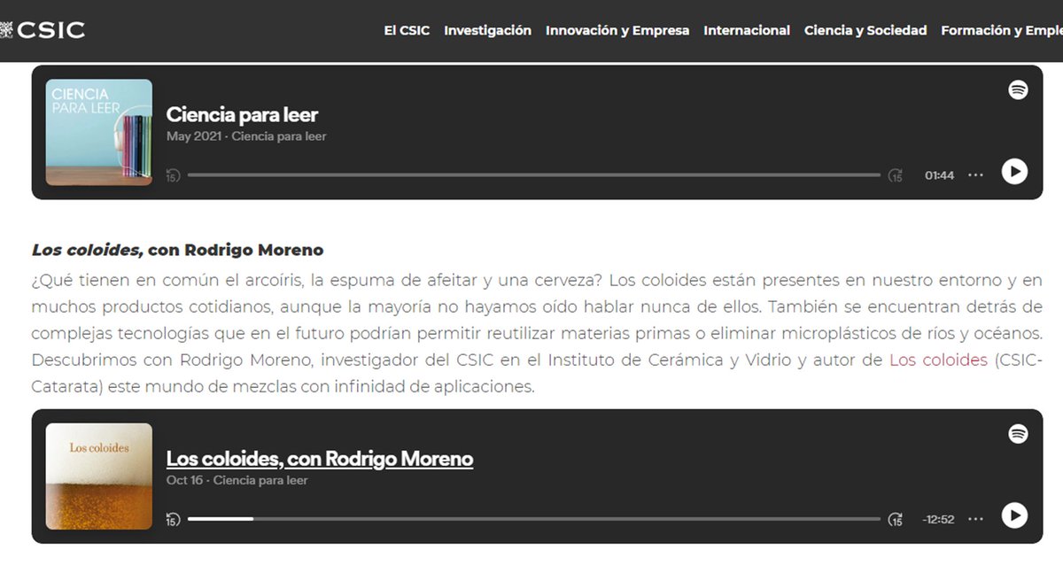 Rodrigo_ICV's tweet photo. El Departamento de Cultura Científica @CSICdivulga  del CSIC @CSIC @CatarataLibros acaba de publicar una nueva entrega del podcast Ciencia para leer: 
Los coloides, con Rodrigo Moreno
Se puede oír en: https://t.co/D5xSLR9ORk https://t.co/X9vmdFL6w6