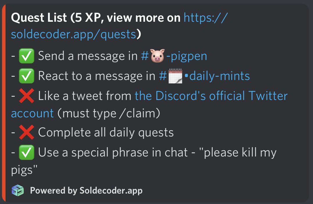 Don’t forget to check out the daily quests! 🐷🔪

soldecoder.app/quests