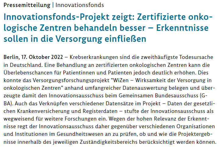 AOK_Politik's tweet photo. Die Behandlung in zertifizierten onkologischen Zentren kann die Überlebenschancen von #Krebs-Patienten deutlich erhöhen. Das hat das #Innovationsfonds-Projekt #WiZen mit #AOK-Beteiligung belegt. Heute hat der G-BA den Abschlussbericht online gestellt: https://t.co/JspVjWf6De https://t.co/ZX5Xbv1jBL