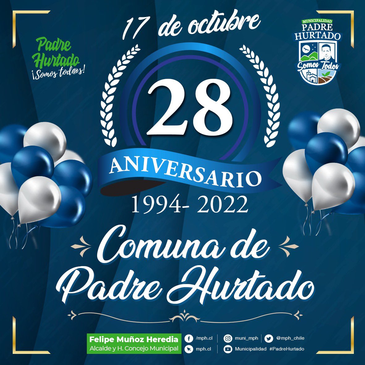 Al celebrarse un nuevo aniversario, le enviamos un afectuoso abrazo a todas y todos los padrehurtadinos que día a día hacen de nuestra comuna su lugar para vivir y el hogar de sus familias, en este Padre Hurtado que Somos Todos.
 
#PadreHurtadoSomosTodos