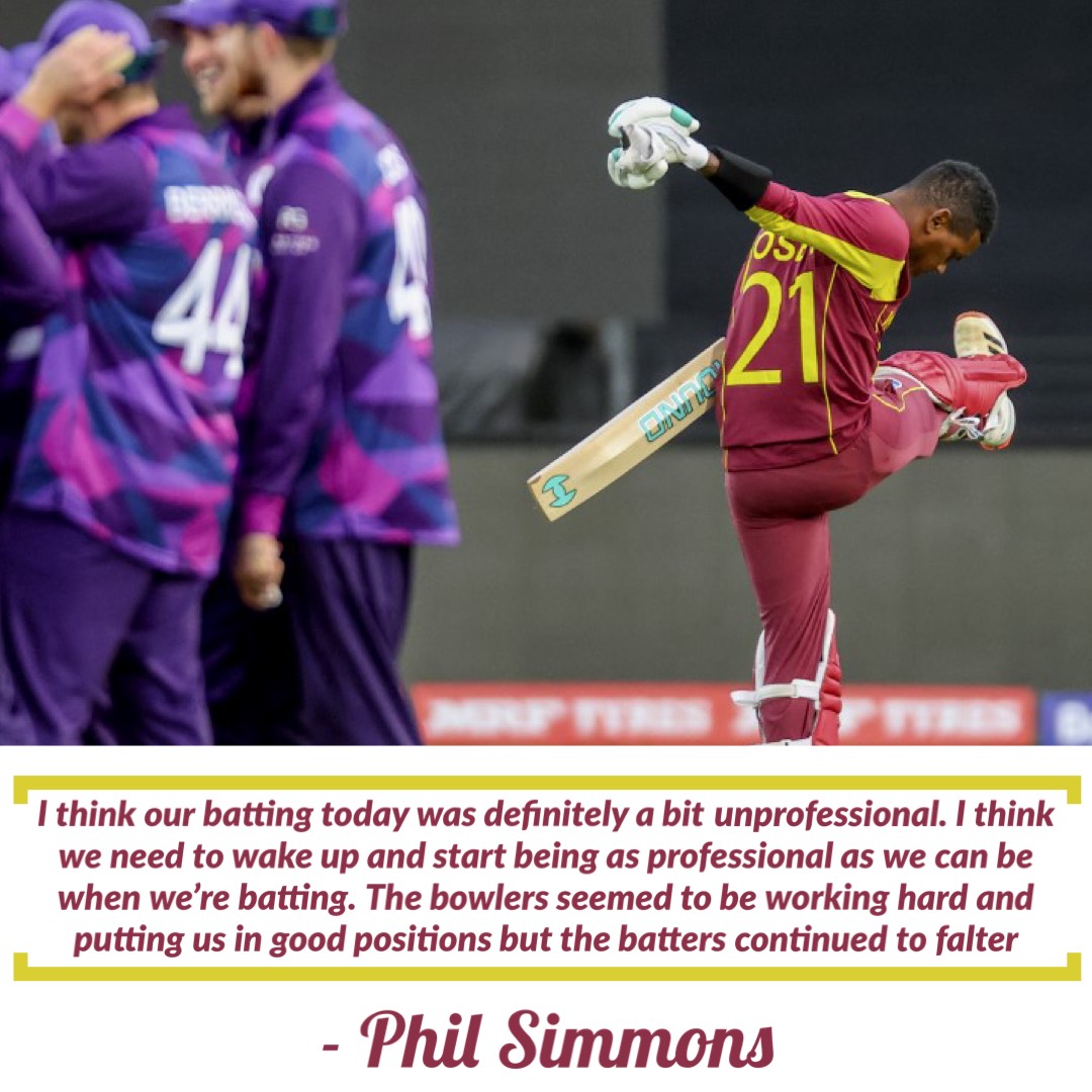West Indies' head coach Phil Simmons was left very unhappy about the batting performance of his team after they failed to chase down 160 against Scotland. #SCOvWI #T20WorldCup cricbuzz.com/cricket-news/1…
