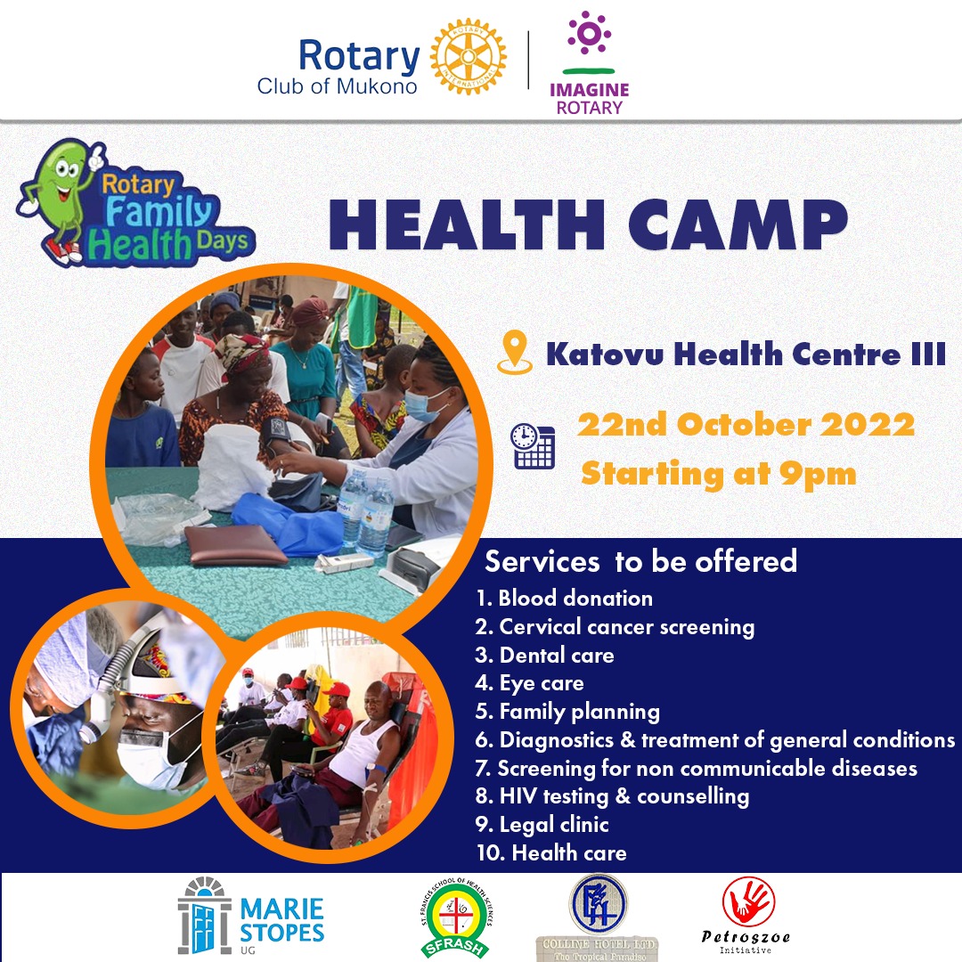 On 22nd October, multitudes of Rotarians, Rotaractors and guests are descending on Buikwe District at Katovu Health Centre 3 for a MEGA health camp.
Will you join them?
@98ThDISCON 
<a href="/mikesebaluken/">PDG Mike Kennedy Sebalu</a>, <a href="/dgmagezijohn/">PDG John Magezi Ndamira</a>, <a href="/RKyadondo/">Rotary Club Of Kyadondo🇺🇬</a>,<a href="/RCKyambogo/">Rotary Club of Kyambogo-Kampala</a>, <a href="/RotaryKiwatule/">Rotary Club of Kiwatule</a>, <a href="/KampalaSouth/">KlaSouth Rotary Club</a>