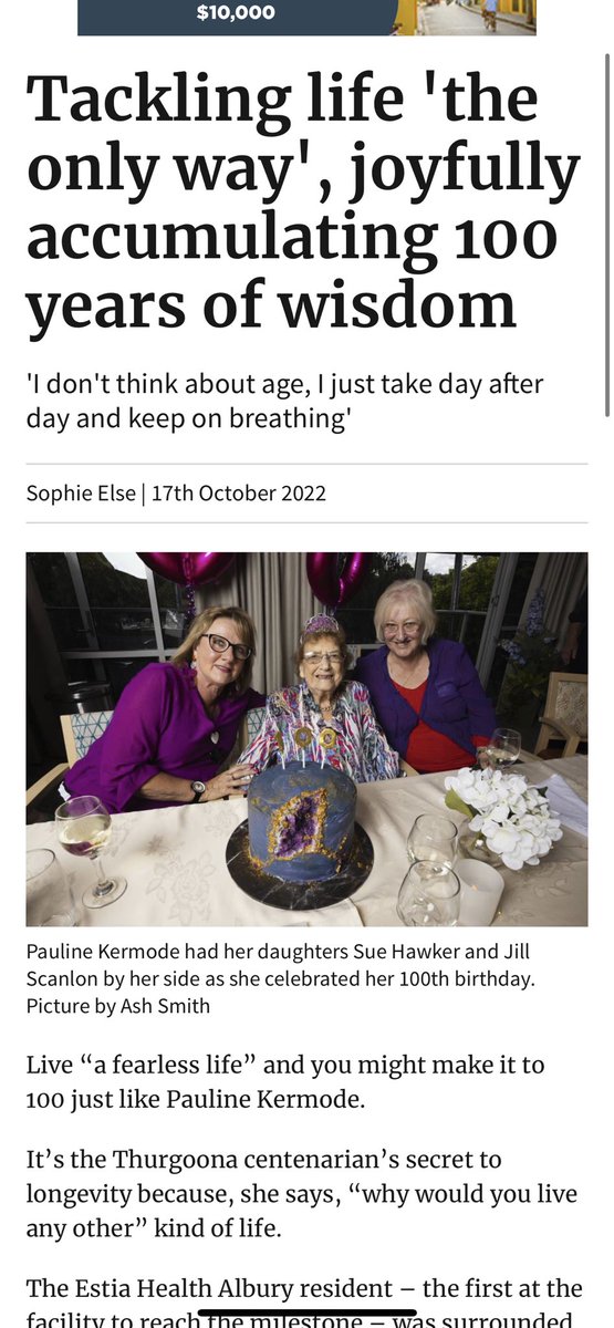 ZoeWundenberg's tweet photo. My cake made the paper! Oh and Nana did too 🤣 Apparently turning 100 is a pretty big deal?! Thank you for your time, @sophieelse and @bordermail 👍

Q: what is the secret to longevity? 
Nana: Breathing in &amp; breathing out! 

Wisdom for the ages!♥️ #centenarian #geodecake #family https://t.co/HjiLRoTKZe