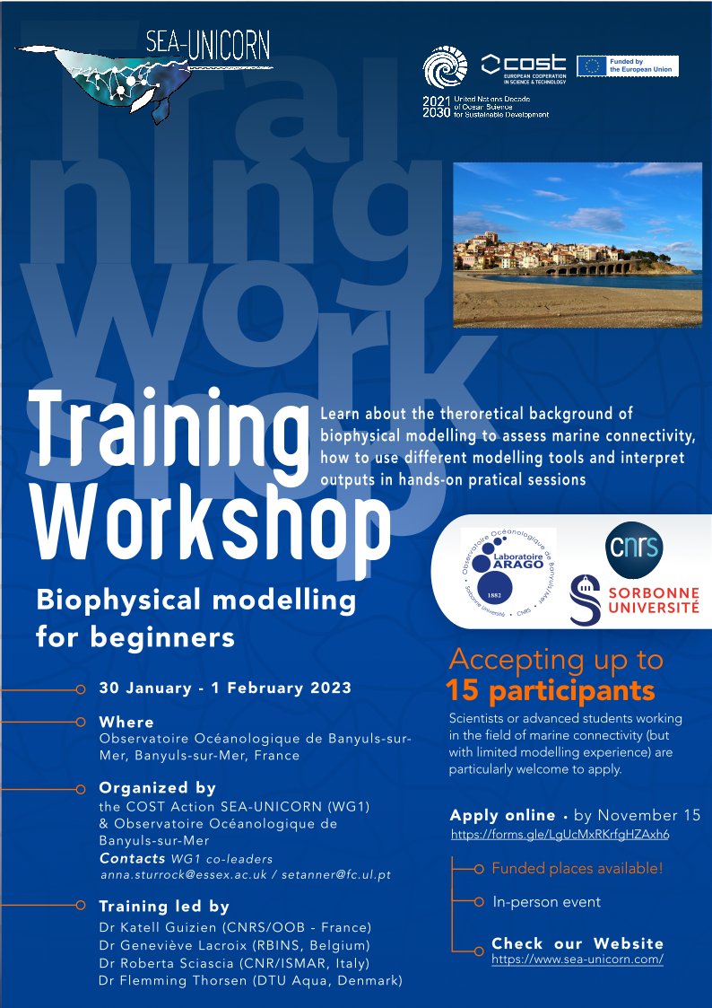 SeaUnicorn2020's tweet photo. We are happy to announce a new SEA-UNICORN WG1 Training School: “Biophysical Modelling for Beginners” at Observatoire Océanologique de Banyuls-sur-Mer, France from 30th January to 1st February 2023 @SeaUnicorn2020 #marinefunctionalconnectivity https://t.co/6mVyufs72o