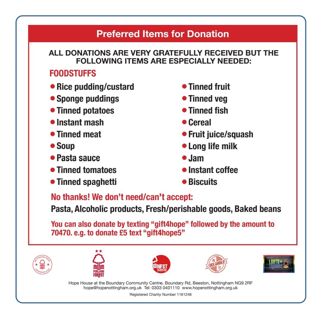 The Trust and other #nffc fan groups are delighted to be working with @HopeNottingham and @NFFC to run a foodbank collection before Saturday's game. Times are tough for many people, so please donate what you can to help local foodbanks.