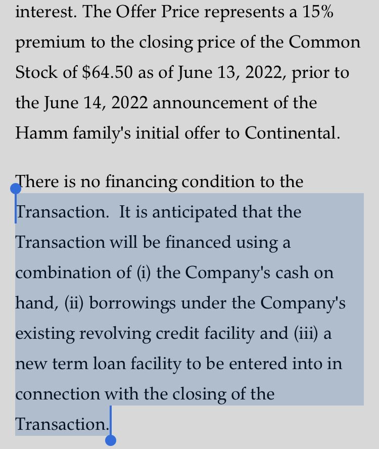why Harold Hamm is a billionaire: his squeeze out of the 17% of Continental Resources requires $4bn
but instead of contributing any of his own money, he’s just gonna grab the company’s cash and leverage capacity: