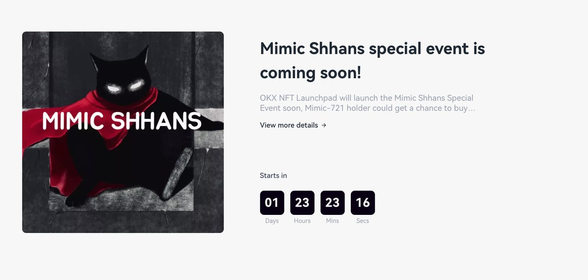 #OKXNFT Launchpad will launch @MimicShhans the special event soon😍, Mimic -721 holders will have a chance to get 🐈‍⬛🐈‍⬛Mimic for #free 👇 okx.com/web3/nft/marke…