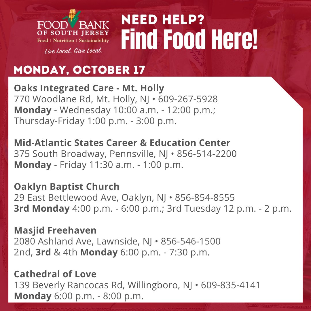 Need food assistance? Here are a few distributions taking place 𝗧𝗢𝗗𝗔𝗬, Monday, October 17. Find more locations & dates at foodbanksj.org/food. Hours & locations are subject to change. 𝗣𝗹𝗲𝗮𝘀𝗲 𝗰𝗮𝗹𝗹 𝗮𝗵𝗲𝗮𝗱. #bettertogether #food #feedSJ #findfood #foodbank