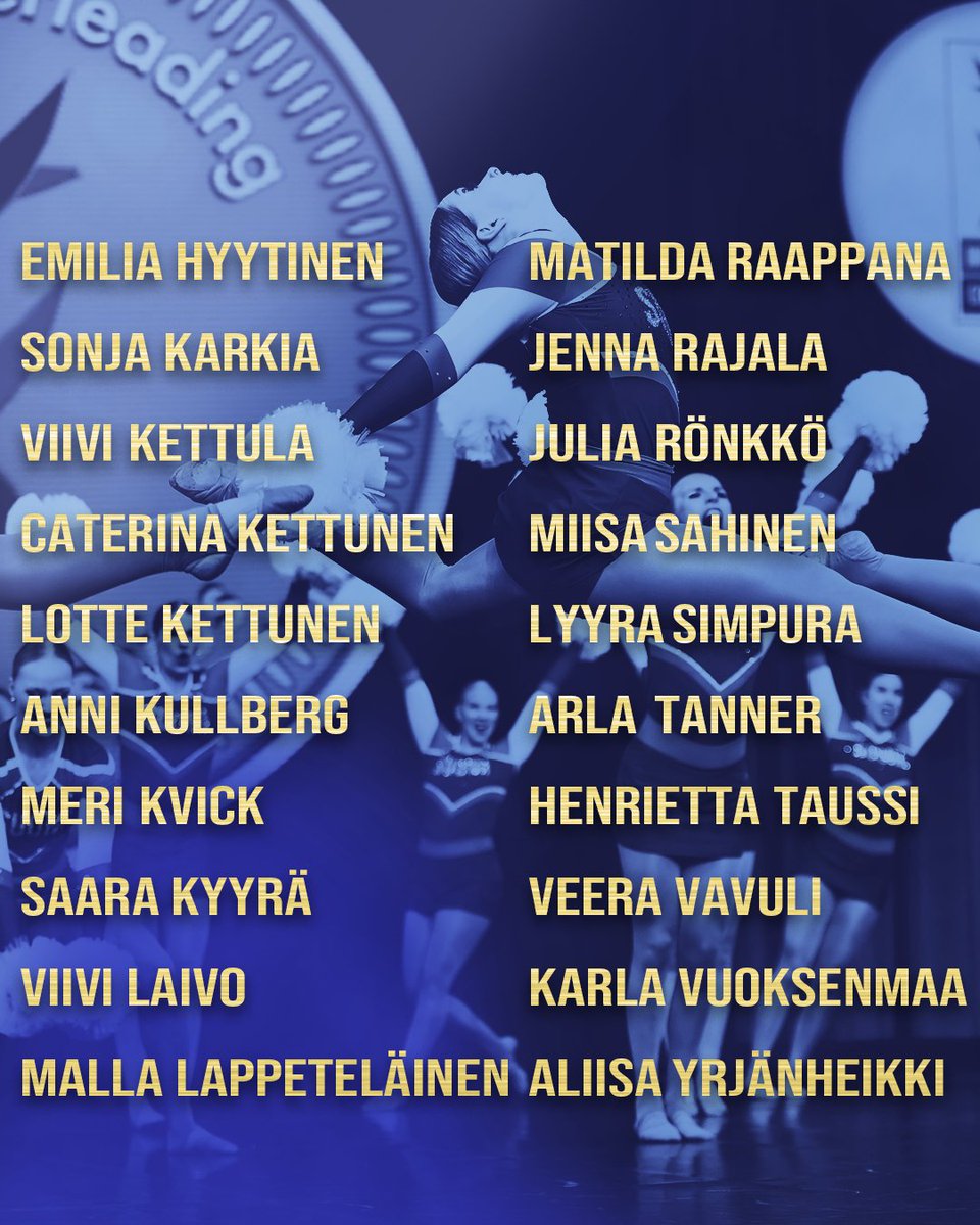 CheerleadingFI's tweet photo. Cheertanssimaajoukkueeseen valittiin kovatasoisen urheilijavalinnan kautta 20 urheilijaa.
Cheerleadingin MM-kilpailut järjestetään huhtikuussa Orlandossa, Yhdysvalloissa.
🔗Lue lisää👉 https://t.co/1JmMGwtOeL
#teamfinland #teamfinlandpom #cheerleadingsuomi https://t.co/Zqrd9zzQBm