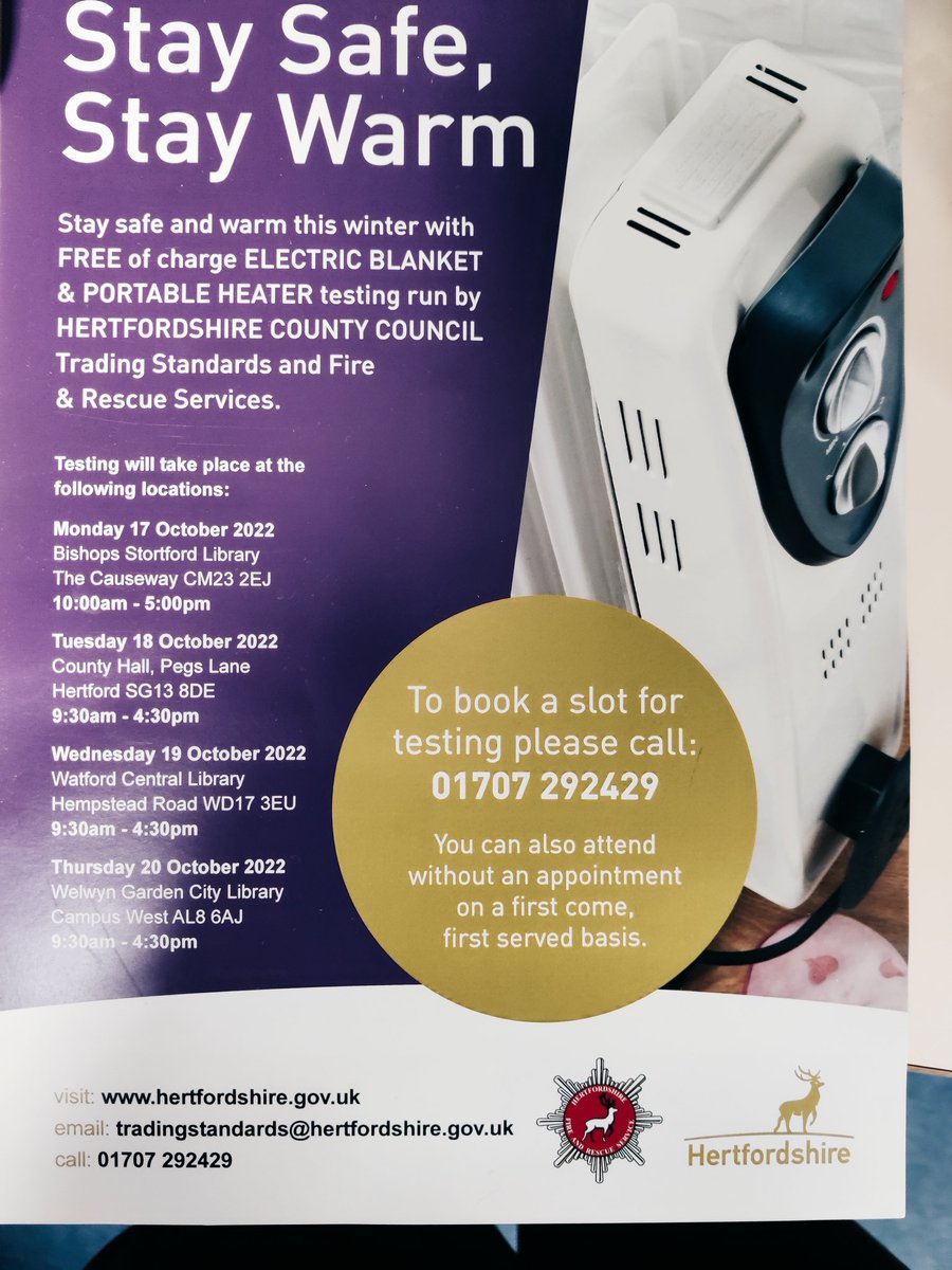 HFRS_EHB's tweet photo. Pop into Bishop's Stortford library today to test your electric blanket for free!!
If it's over 10 years old it needs replacing!
#electricblanket
#electricblankettesting https://t.co/VbVP7lIVye