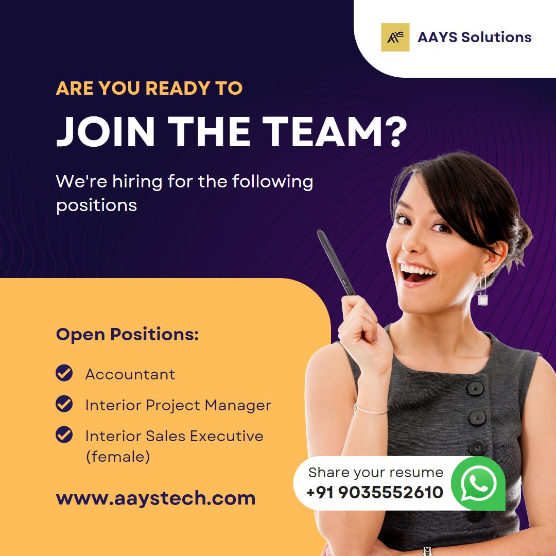AaysTech's tweet photo. #urgent #hiring for #bangalore location
interested candidates can send their resume to amit@aaystech.com
or WhatsApp: 9035552610
#hiring #recruitment #jobs #careers #work #jobopening #opportunity #aayssolutions #civilengineer #accountant #interior #interiorprojectmanager https://t.co/V7Xpgvu2dI