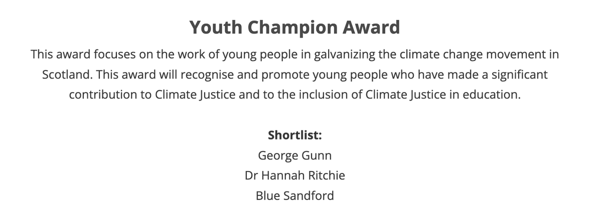 Honoured to be shortlisted for the 'Youth Champion Award' at Scotland's climate awards. Congrats to @_GeorgeGunn & Blue Sandford too! One thing that makes me optimistic about tackling climate change is the passion & innovation of young people today. events.holyrood.com/event/holyrood…
