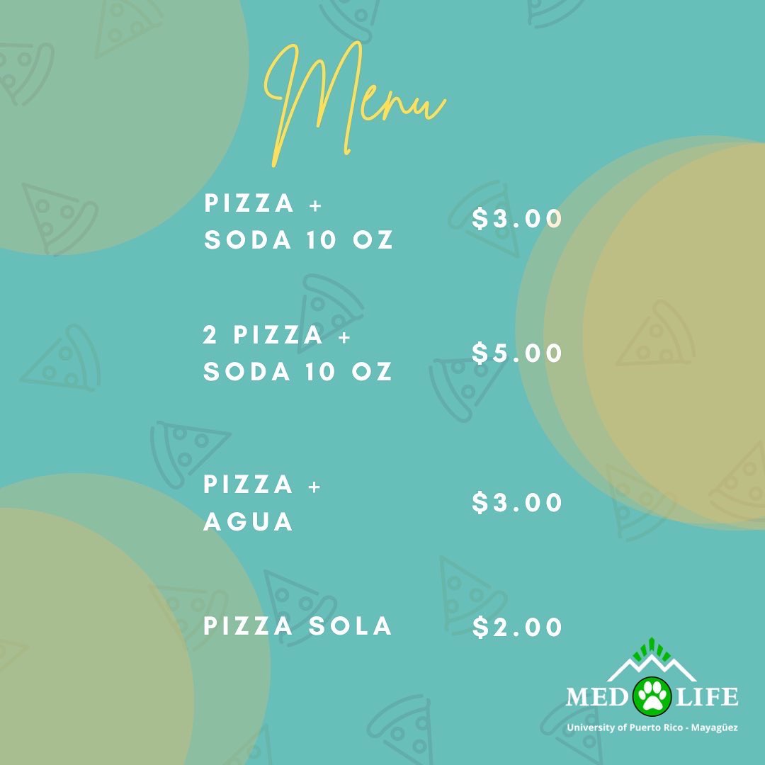 MEDLIFEUPRM's tweet photo. Saludos Medlifers🐶

A modo de recordatorio que HOY es nuestra venta de Pizza en el lobby de Biología🍕

Lxs esperamos✨ https://t.co/N0JdbhW7hQ