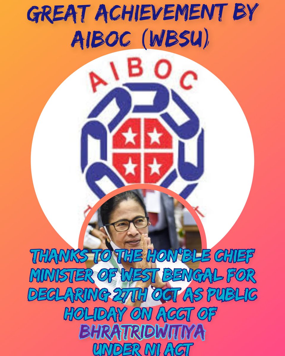 SBIOA Bengal Circle (@sbioabc) on Twitter photo Great achievement by AIBOC (WBSU). Thanks to the Hon'ble Chief Minister of West Bengal, who has honoured the sentiment of thousands of bank employees and officers.
<a href="/MamataOfficial/">Mamata Banerjee</a>
#ChiefSecretaryWestBengal
<a href="/aiboc_in/">All India Bank Officers' Confederation (AIBOC)</a>
AIBOC Zindabad
Our Unity Zindabad Great achievement by AIBOC (WBSU). Thanks to the Hon'ble Chief Minister of West Bengal, who has honoured the sentiment of thousands of bank employees and officers.
<a href="/MamataOfficial/">Mamata Banerjee</a>
#ChiefSecretaryWestBengal
<a href="/aiboc_in/">All India Bank Officers' Confederation (AIBOC)</a>
AIBOC Zindabad
Our Unity Zindabad
