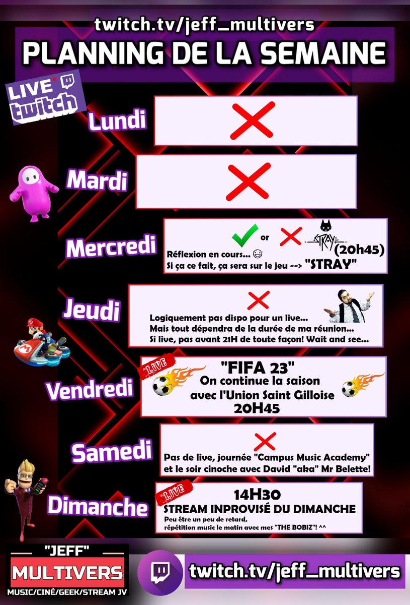 Jeff_Multivers's tweet photo. Planning de la semaine !😊🎮
C'est un peu en mode suspens!😅
▶️ https://t.co/brTNQOvD1C
#live #twitch #streaming #stream #Streamer #gamer #game #gaming #Steam #pc #ps5 #ps4 #nintendo #switch #vendee #jeffmultivers #enjoy #friends #elgato #shure #solo #duo #Multi #stray #fifa23 https://t.co/yAYxgUL6rG