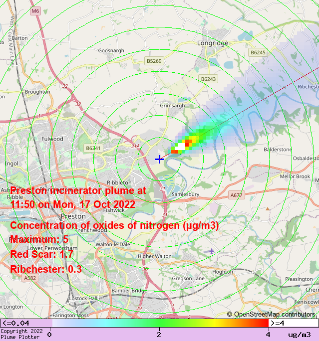 plumeplotter's tweet photo. Latest Preston incinerator plume plot, 11:50 17/10/22 #RedScar #Ribchester https://t.co/vYUTMo3ruU https://t.co/8wRk9pydHU