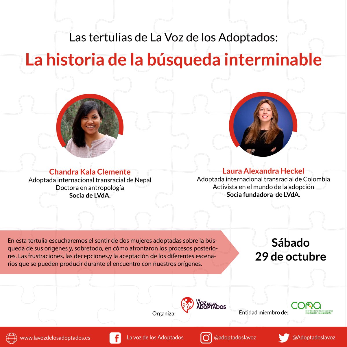📌ATENCIÓN: El próximo sábado 29 de octubre estaremos compartiendo una nueva tertulia con nuestras compañeras Laura y Chandra. En esta ocasión abordaremos el tema de la búsqueda de orígenes de una manera diferente.
📍Horario: 17 a 19 (hora Madrid) 
+info: lavozdelosadoptados.es