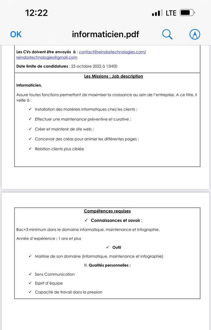 reindostech's tweet photo. Nous recherchons un informaticien ou une informaticienne qualifié (e) dont les missions sont indiquées sur cette publication. envoyez vos CVs jusqu’au 25 Octobre 2022! 
Au service de vos activités technologiques!#Tchad #Adjib https://t.co/CXPQlBLX4Q