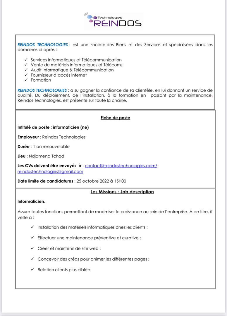 reindostech's tweet photo. Nous recherchons un informaticien ou une informaticienne qualifié (e) dont les missions sont indiquées sur cette publication. envoyez vos CVs jusqu’au 25 Octobre 2022! 
Au service de vos activités technologiques!#Tchad #Adjib https://t.co/CXPQlBLX4Q