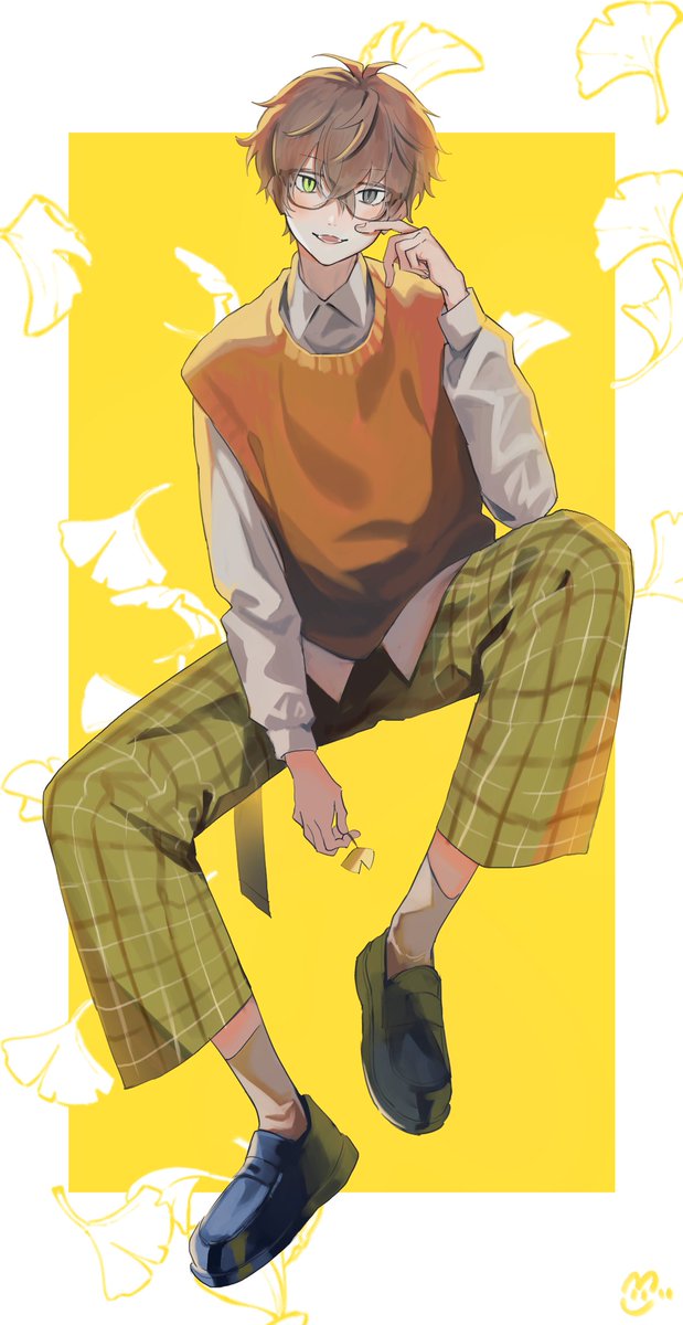 plaid pants 1boy solo pants male focus shirt glasses  illustration images