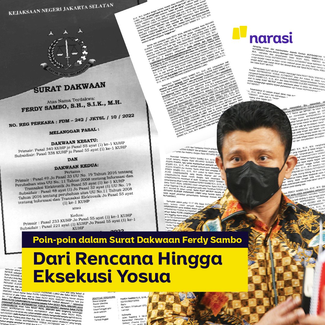 NarasiNewsroom's tweet photo. Ini dia poin-poin dari surat dakwaan terhadap Ferdy Sambo yang sudah dibacakan di awal sidang hari ini (17/10/2022) tadi nih.

Simak utas ini ya~ https://t.co/FGro5QYYd0