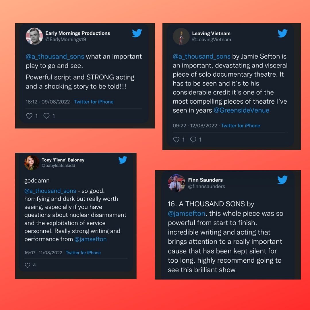 mirrorupprod's tweet image. A look back on some of our lovely audience reactions from #EdFringe2022! 🧵 

Just over 2 weeks until we open at @CamdenPT … 

Tickets: cptheatre.co.uk/whatson/A-Thou…