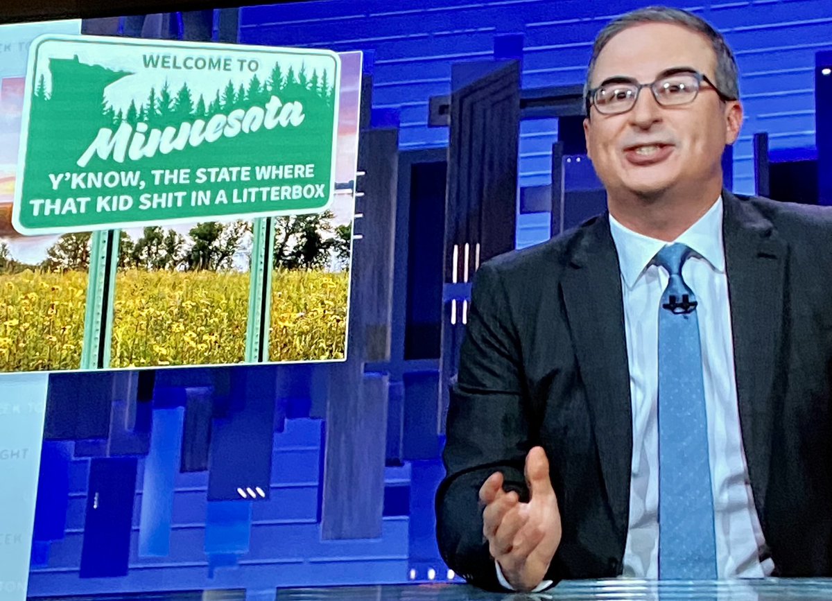 McPhersonHall's tweet photo. Inspired by wannabe #MN #Governor  @DrScottJensen and #MNleg #MNGOP #SteveDrazkowski @SteveDraz , @iamjohnoliver reveals #Minn new state motto 
“#Minnesota: Y’know, the state where that kid shit in a litterbox.”

File
#Elections2022 https://t.co/Zu2cgMqQwV
