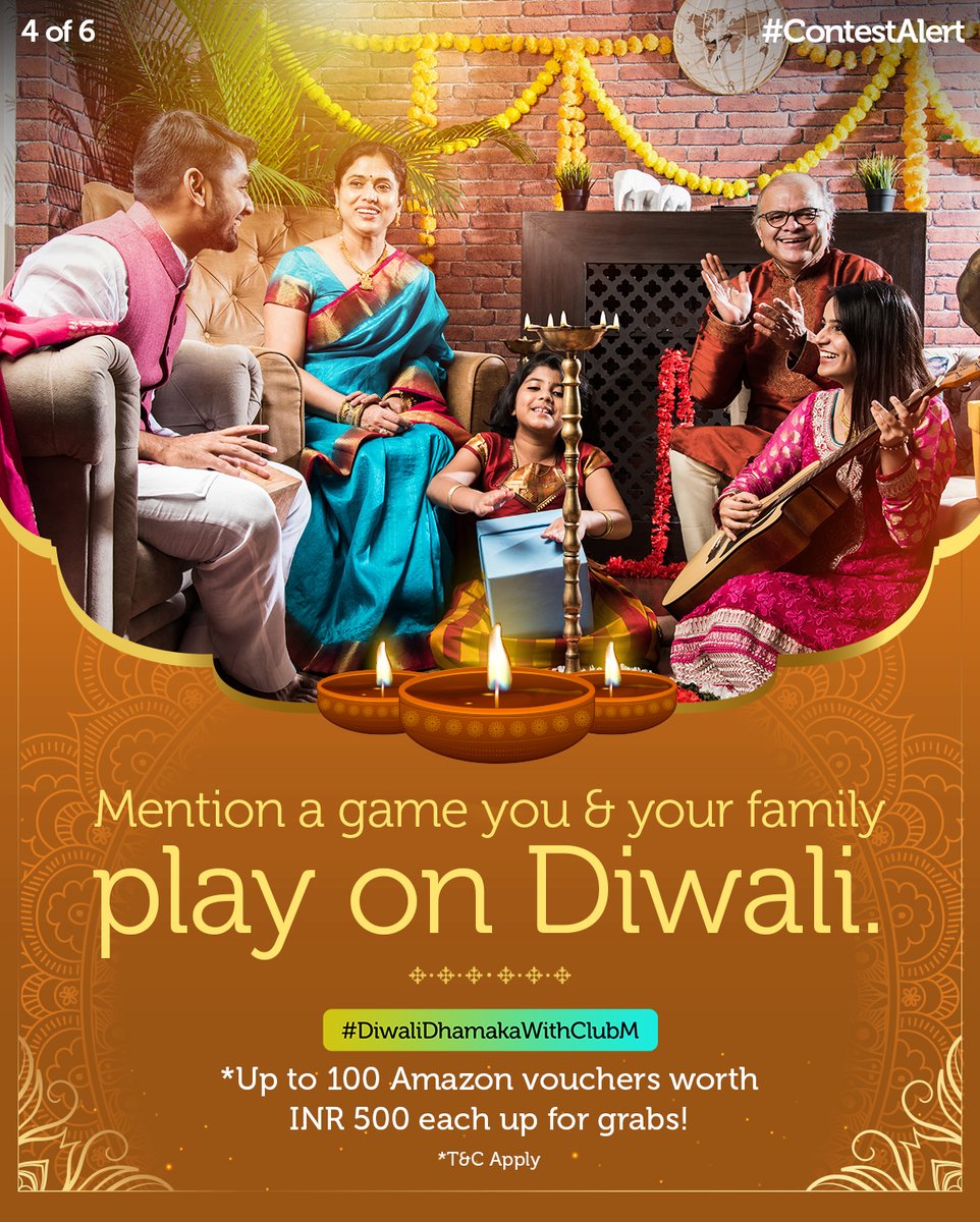 #ContestAlert 

Participate in #DiwaliDhamakaWithClubM &amp; win!* 

Steps:
1) Comment using #DiwaliDhamakaWithClubM
2) Participate in all 6 contest posts from 14th-19th October 2022

Up to 100 Amazon vouchers worth INR 500 up for grabs*

Last date: 30.10.22
*T&amp;C Apply