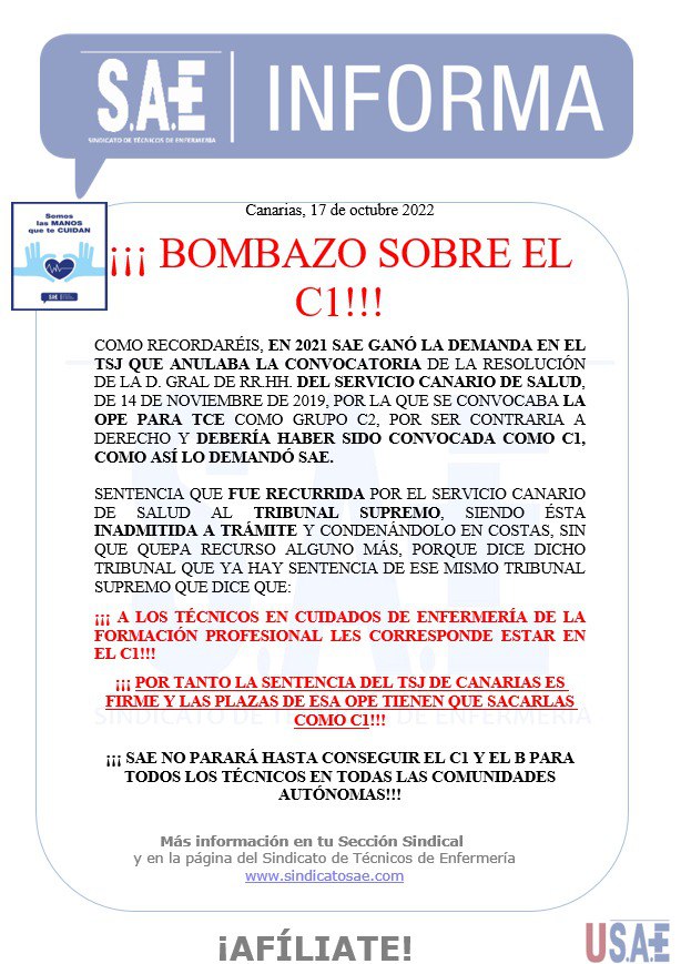 Somos Técnicos,TCAEs!C1 y Actualización de Funciones Ya!De Vergüenza que tengan que ser los Jueces los que tengan que decir que somos Técnicos Sanitarios de Enfermería!Administraciones y Sindicatos rectificar y Actualizar ya! Queremos lo que nos corresponde! #tcaefuncionesc1ya💪